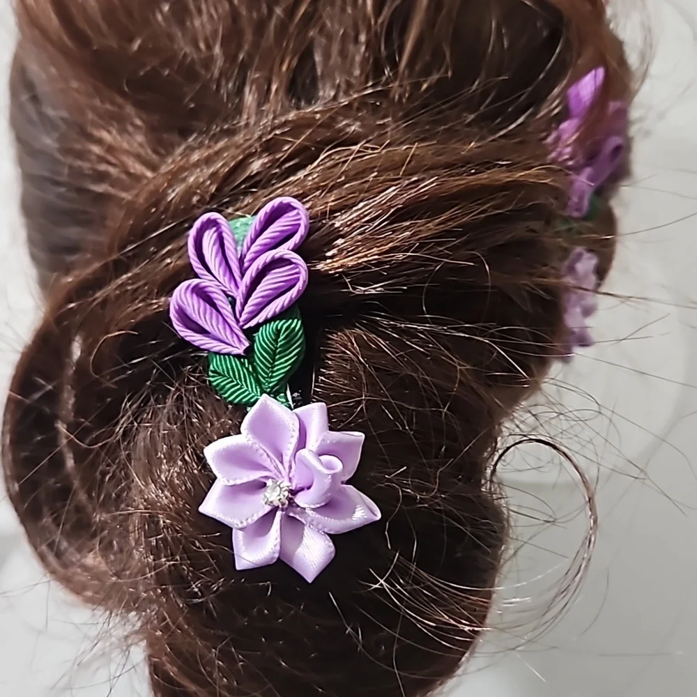 Hand Crafted Purple Barrette Hair Clip Floral Ribbon flowers purple 2- Piece set